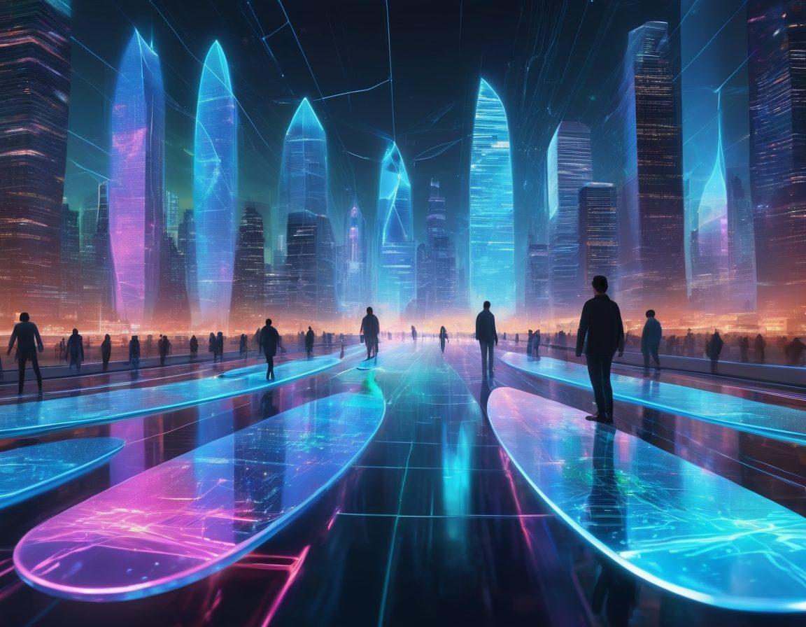 A futuristic cityscape with interconnected glowing networks representing seamless web connectivity, people surfing on transparent digital surfboards through a vibrant web of data streams, and devices like smartphones, laptops, and tablets linked with holographic connections. super-realistic. vibrant colors. 3D.