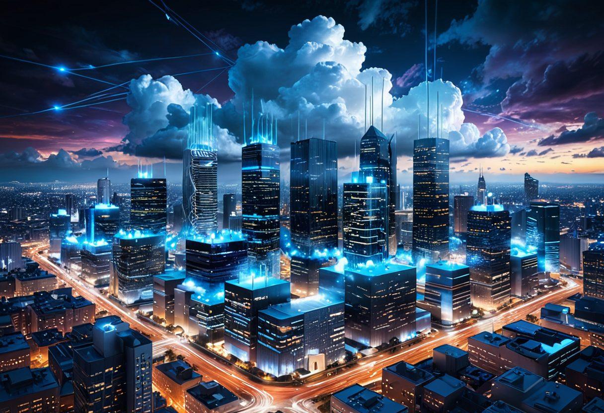 A futuristic skyline of interconnected servers transcending into cloud formations, showcasing a smooth transition from traditional web hosting to cloud computing. Various devices and data streams seamlessly integrating into the clouds, symbolizing a robust digital infrastructure. Digital blueprints and network diagrams in the background, all bathed in a glowing, innovative light. super-realistic. vibrant colors. high-tech aesthetic.