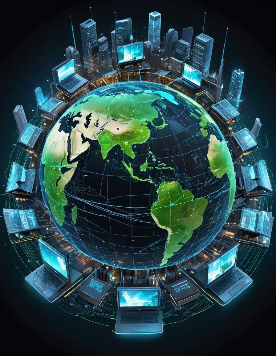 An intricate illustration of interconnected servers, data clouds, and network cables, all converging into a central globe-shaped hub surrounded by tiny glowing icons representing websites, apps, and devices. Include a background of a futuristic cityscape with a digital blue and green color scheme, symbolizing global web connectivity and modern technology. super-realistic. vibrant colors. cyberpunk.
